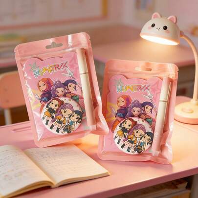 8pcs Party Supplies Stationery Set, Including Notebook, Ruler, Spiral Notebook, Ballpoint Pen, Badge, K-Pop Demon Slayer, Girl Toys, Lively Design, Cartoon Movie, Designed For Fans. Suitable For Rewards, Birthday Gifts, Party Favors, Easter Basket Stuffers, Room Decor, Collection