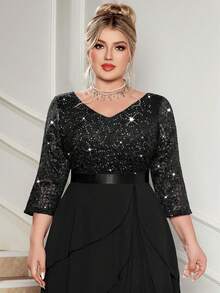 Vestido Maxi de Noche para Fiesta Talla Grande con Cuello en V, Lentejuelas, Encaje Floral, Volantes y Bajo de Gasa, Vestido Formal Elegante Negro para Invitada de Boda - Negro - Ver 10