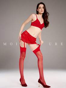 1双女士性感蕾丝吊袜带长筒袜，及膝款式 + 吊袜带配件 - 紅色 - 查看 4