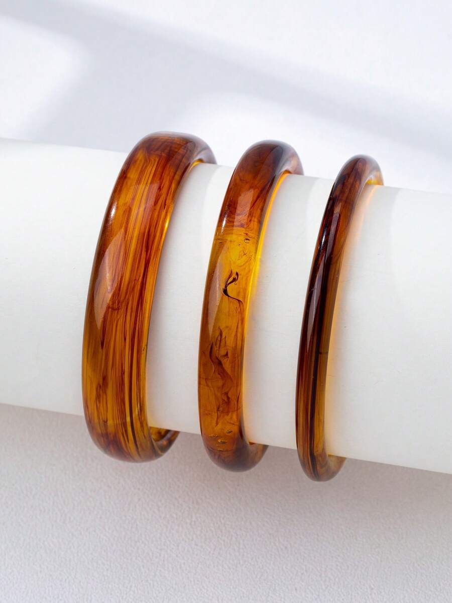 Bộ 3 vòng tay acrylic tròn kiểu retro thanh lịch, thiết kế đơn giản thời trang, phù hợp để đeo hàng ngày. - màu nâu - Xem 1