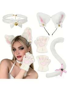 Cat Cosplay Costume - 2/3/4 Pcs Cat Ears Tail Set With Collar, Paws And Gloves, Cat Cosplay Costume Accessories, Kitten Ears, Collar, Tail, Paws Or Women Girls Halloween Dress Up - A - View 7