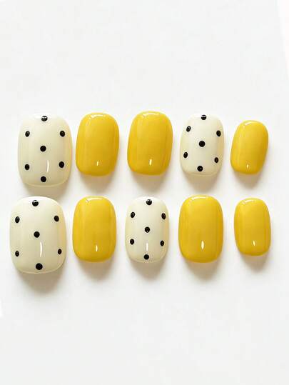 10pcs It Features A Vibrant Color Palette Of Creamy White And Bright Mustard Yellow, Paired With Playful Black Polka-Dot Patterns, Exuding A Lively And Cheerful Vibe. The Glossy Finish And Bold Color Contrast Create A Sunny And Energetic Texture. This Cute And Versatile Style Is Perfect For Adding A Pop Of Color To Daily Outfits, Making It Ideal For Spring Outings And Casual Gatherings.