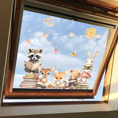 Reading Woodland Animals Window Sticker, Cute Raccoon Rabbit Book Static Cling For Kids Bedroom Nursery Decor
