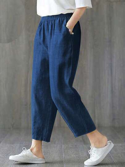 1件纯色梭织面料口袋女士七分裤，适合约会、度假、日常穿着、生日派对、单身派对、夏季穿着，轻薄牛仔效果色