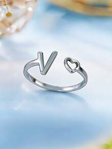 YUZENG V形和心形镂空叠戴戒指 - 銀色 - 查看 1