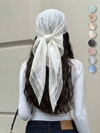 1pc Women's Solid Color Square Lace Trim Scarf, Elegant & Lightweight, Can Be Used As Headscarf, Shawl, Wrap, Accessory For Daily Casual, Travel, Vacation, Prayer, Party, Summer Beach, Suitable For All Seasons
