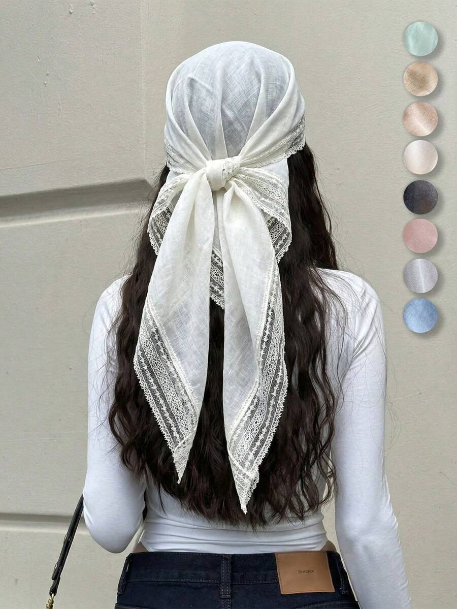 1 pieza Pañuelo cuadrado de unicolor con ribete de encaje para mujer, elegante y ligero, se puede usar como pañuelo para la cabeza, chal, envoltorio, accesorio para uso diario casual, viaje, vacaciones, oración, fiesta, playa de verano, adecuado para todas las estaciones, días festivos - Multicolor - Ver 1