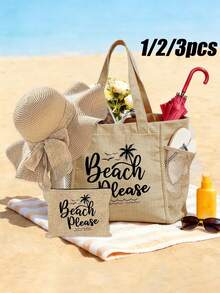 1/2/3PCS Beach Tote Bag Set With Zipper Pouch, Large Capacity Canvas Beach Bag For Women, Summer Vacation Shoulder Tote, Reusable Shopping Bag With Inner Pocket & Mesh Side Pocket, Lightweight Travel Handbag For Beach, Pool, Picnic, Gym & Daily Use, Aesthetic Coastal Tote For Girls, Moms & Friends, Perfect Gift For Birthday, Mother's Day, Summer Holiday Travel - Multicolor - View 2