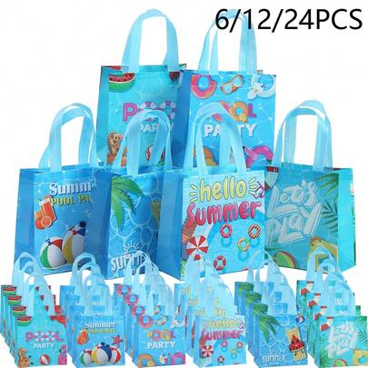6/12/24PCS Summer Beach Main Picture Gift Packaging Bag, 7.9 Inches X7.7 Inches X3.5 Inches, Summer Beach Party Handheld Gift Bag, Birthday Gift Packaging Bag, Shopping Mall Shopping Bag, Retail Store Packaging Bag