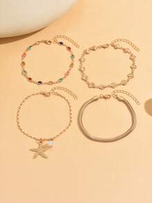 4pcs/Set Gelang Kaki Gaya Pantai Musim Panas dari Paduan Emas, Liontin Bintang Laut Modis dengan Manik-Manik Kristal Warna-warni, Cocok untuk Pemakaian Sehari-hari dan Liburan Pantai, Warna Kristal Acak - MultiWarna - View 2