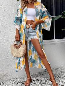 波西米亚风沙滩罩衫，活力抽象花卉印花轻盈和服式度假白色夏季 - 白色 - 查看 2