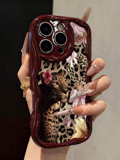 豹纹软硅胶手机壳，奶油色，酒红色，兼容 17/17 Pro Max、16/16 Pro/16 Pro Max、15、XR、7P/8P、P12 Pro Max、P13 Pro Max、P14 Pro Max、P13、P14、P11、P12、P14、XS/S/XS Max/7/8，可爱时尚加厚保护套