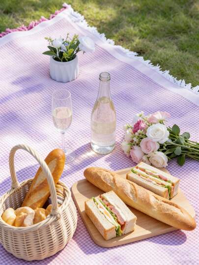 Waterproof Soft Flannel Plaid Picnic Mat For Outdoor Camping, Pink Purple Picnic Blanket, Portable Lightweight Foldable Durable Multipurpose Mat For Travel, Beach, Park Lawn, Suitable For Vacation, Summer, Spring Picnic, Hiking, Adventure