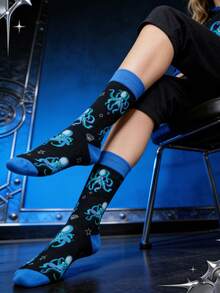 1 双黑色章鱼图案时尚中筒袜，适合所有季节 - 黑色 - 查看 4