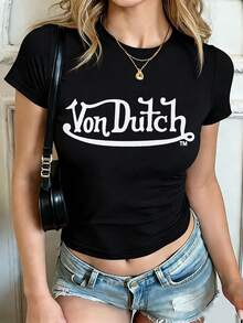 Van Dutch Retro Cursive Script Letter Graphic T-Shirt For Women, Y2K Streetwear Slim Fit Crop Top, Casual Solid Color Crew Neck Short Sleeve Slim Fit Cropped T-Shirt Basic Summer Polyester Top, Versatile Everyday Wear, Perfect Gift For Her - 黑色 - 查看 1