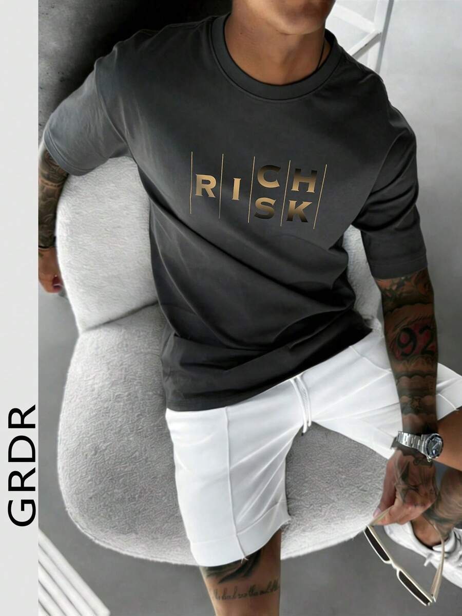 GRDR Men's Fashionable Printed Loose Short Sleeve T-Shirt | Exquisite Design | Summer Essential | Easy To Match | Showcase Your Style - Dark Grey - View 1