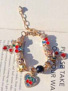 1pc Leopard Print Cherry Charm Bracelet, 1pc Black Cherry 8mm Bead Bracelet, Fashion Leopard Print DIY Bracelet, 1pc Red Cherry Music Festival Bracelet - 金色 - 查看 8