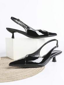Sapatos de salto alto pretos femininos, salto gatinho de 4 cm, sapatos de festa formais sem fecho, bico fino. - Preto - Ver 5