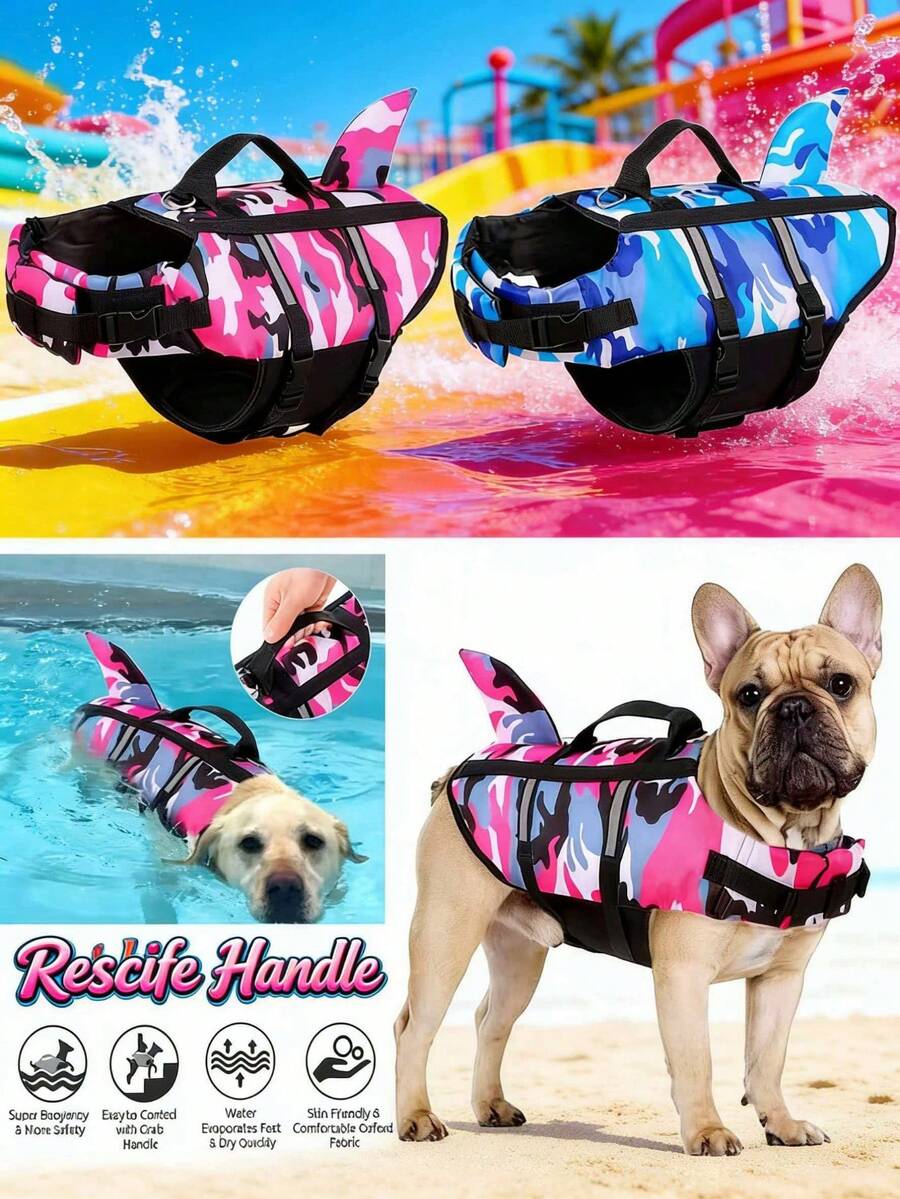 Pet Dog Life Jacket Vest Clothes Life Vest Collar Harness Dog Swimming Swimwear Summer Camouflage Shark Blue Purple Red - Blue - View 1