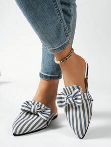 Breezelady Women's Spring/Autumn Korean Style Pointed Toe Light Blue Bowknot Vertical Striped Design Versatile Plus Size Flat Slip-On Mule Slippers, Casual & Slouchy Style, Fashion Indoor/Outdoor Leisure Home Slippers - 藍白色 - 查看 3