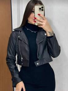 Women's Short Leather Biker Jacket, Elegant, Button And Zipper, Stylish, Versatile, Chic, Winter, Autumn - 黑色 - 查看 3