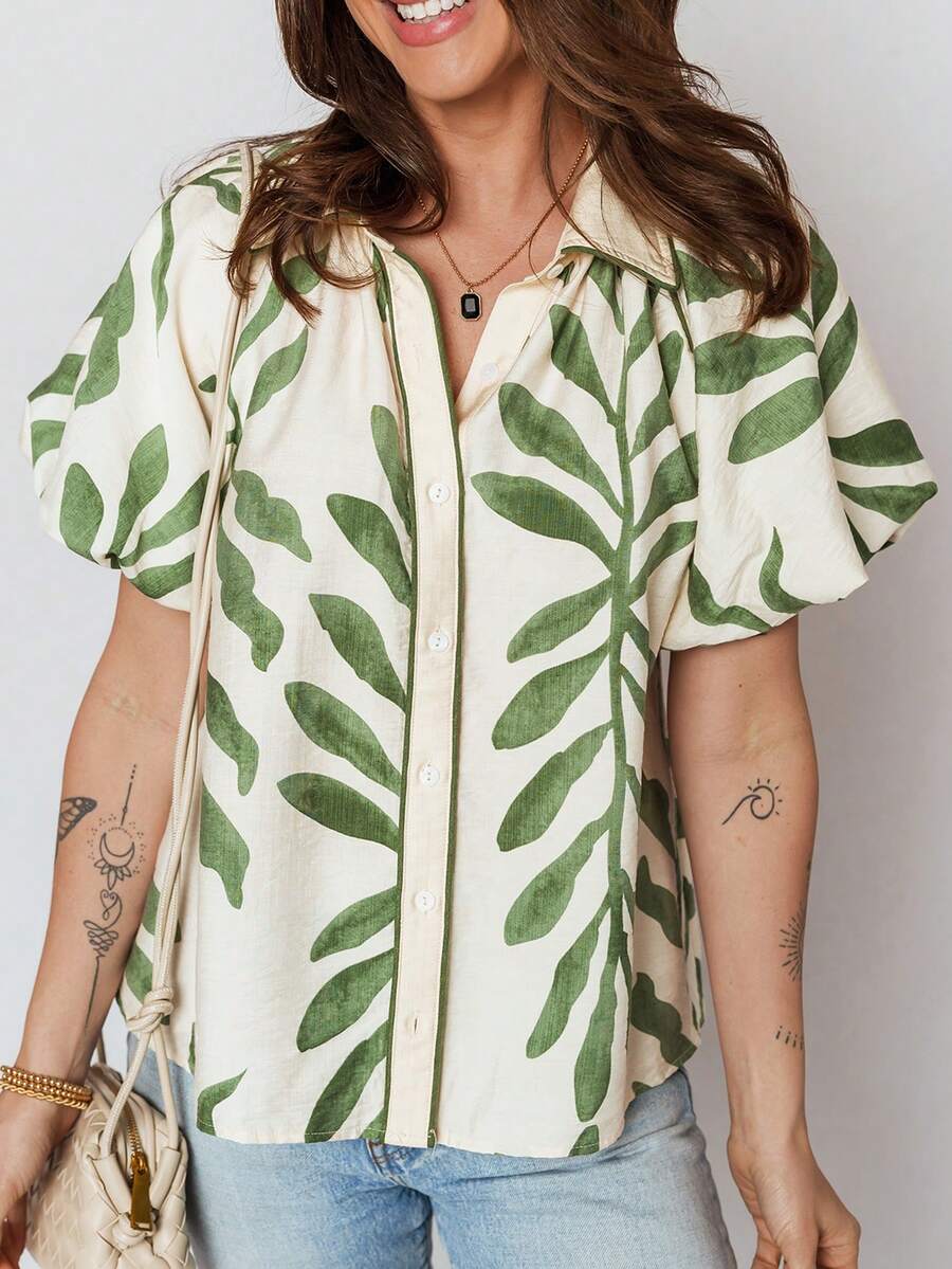 Áo kiểu tay cánh hoa in họa tiết lá xanh, thích hợp cho kỳ nghỉ hè. - màu xanh lá - Xem 1