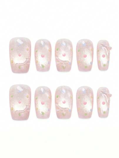 10pcs Pure Handmade Press On Nails Medium Nails Square Nails The Base Is A Light Pink Cat-Eye Color, Decorated With Various Macaroon-Colored Polka Dots (In Pink, Green, Blue And Yellow), And There Are Also Small Three-Dimensional Bows For Embellishment. It Is Both Playful And Energetic.Gentle Elegant Cute Nails For Ladies And Girls Spring Summer Fall Winter Festivals Parties And Daily Life Use