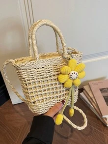 Woven Tote Bag With Sunflower Charm, Crossbody Mini Straw Bag, Girly Vacation Style - Beige - View 10