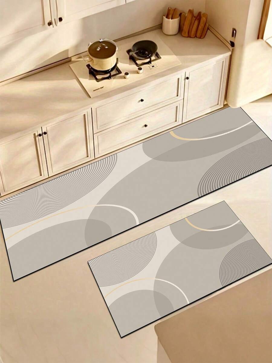 1pc Silica Gel Kitchen Floor Mat, Modern Minimalist Geometric Abstract Pattern, With Deep And Light Gray Blocks As The Base, Paired With Fine Concentric Circle Texture And Smooth Light Gold And White Curved Lines - Multicolor - View 1