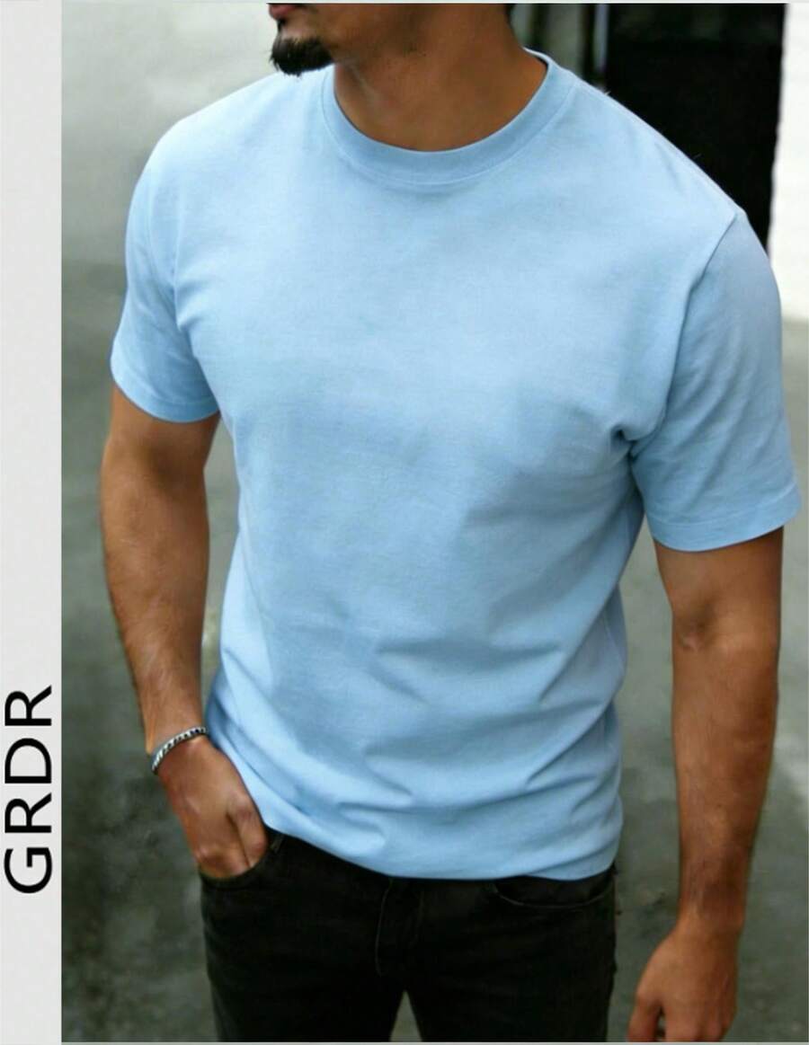 GRDR Men's Fashionable Versatile Solid Color T-Shirt - Minimalist Casual Daily Short Sleeve - Baby Blue - View 1