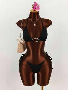 3pcs Women's Sexy Halter Bikini Set - Top, Bottom, And Cover-Up - Black - View 4