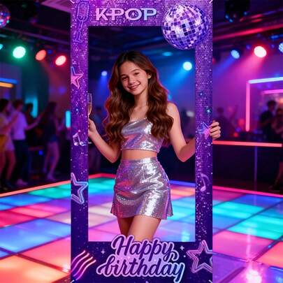 1pc Purple Disco Ball Happy Birthday Photo Frame Prop, Designed With Purple Disco Ball, Stars, Musical Notes And Microphone, Birthday Photo Decoration Prop, K-POP Theme Party Decor Photo Booth Prop