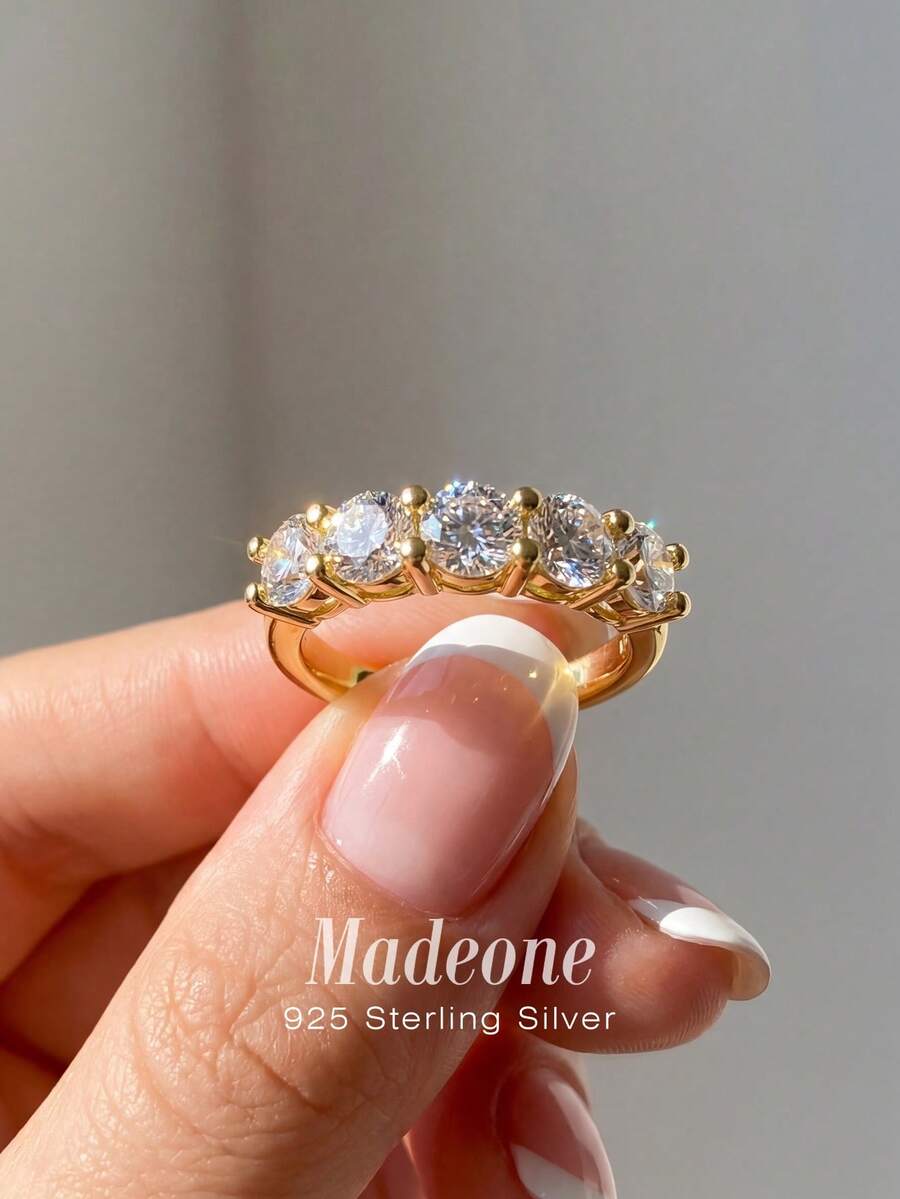 MADEONE 1pc 925 Sterling Silver Minimalist Geometric Sparkling Cubic Zirconia Ring, Basic Single Ring, Delicate Jewelry, Suitable As Birthday, Party, Wedding Gift For Women - Five-star Diamond Ring - View 1