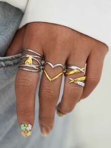 Uself 3pcs/1pc 18K Gold Plated 304 Stainless Steel Dual-Tone Heart Twist Rings Set, Polished Intertwined Open Rings, Daily, Party, Holiday Gift For Women - Multicolor - View 2