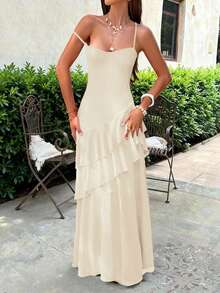 Robe maxi femme Vaiaye, style tropical hawaïen bohème pour vacances à la plage. Couleur unie, élégante, avec bretelles spaghetti, dos nu et fente haute. Convient pour la Saint-Valentin - Nude - Voir 10