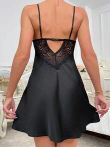 缎面蕾丝拼接性感吊带睡裙，女士睡衣 - 黑色 - 查看 3