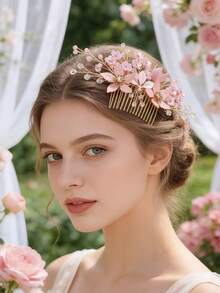 1pc Handcrafted Crystal & Alloy Leaf & Flower Bridal Hair Comb, Wedding Hair Accessory For Women, Hair Comb, Headpiece,Summer,Holiday,Travel - 63406 Pink - View 3
