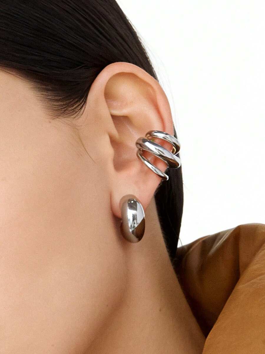 1 chiếc khuyên tai kẹp ba lớp dày dặn bằng thép không gỉ 304, quà tặng thời trang cho nữ giới dùng hàng ngày/dự tiệc/ngày lễ, phù hợp cho nhiều dịp, dự tiệc, đi làm, làm quà tặng. - Sụn tai 3 lớp màu thép - Xem 1