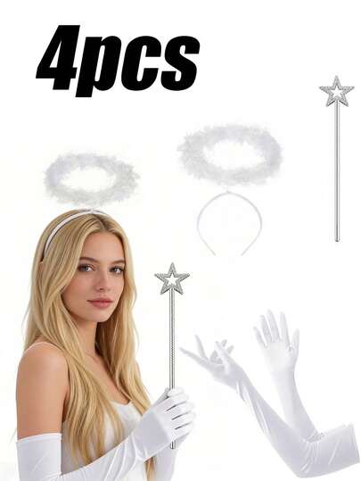 优雅可爱的天使服装套装，包含黑色天使和白色天使款式，配有天使头箍、天使星杖和纯色手套，适合各种服装场合、角色扮演和节日装饰。