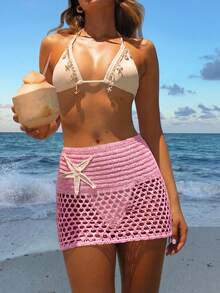 2026 New Women's Summer Beach Vacation Cute Heart Hollow Sexy Sheer Starfish Design Cropped Crochet Cover-Up Skirt, Suitable For Beach Outfit, Pink - Pink - View 4