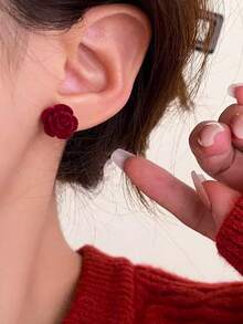 1对时尚经典浪漫酒红色玫瑰植绒耳环，优雅高端女士耳环 - 紅色 - 查看 2