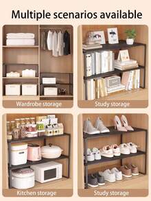 Heavy Duty Adjustable Expandable Wardrobe Storage Rack - Space Saving Stackable Metal Shelving Unit With Polished Surface, No Assembly Required. Ideal For Kitchen, Bedroom, Office Desk Organization, Multi-Purpose Shelves, Shoe Rack, Utility Rack, Closet Organizer, Cabinet Divider, Cabinet Storage And Organization. - Multicolor - View 4