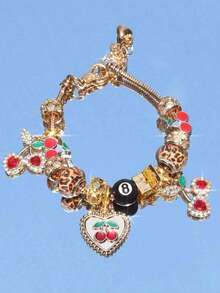 1pc Leopard Print Cherry Charm Bracelet, 1pc Black Cherry 8mm Bead Bracelet, Fashion Leopard Print DIY Bracelet, 1pc Red Cherry Music Festival Bracelet - 金色 - 查看 13