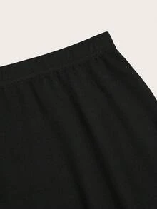 Plus Size Women Solid Color Lace Patchwork Leggings, Versatile Daily Wear Black Summer - Black - View 3