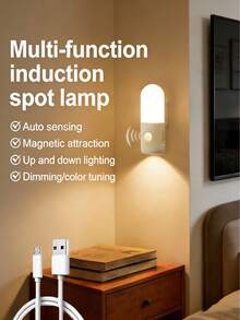 Lampe à détecteur de mouvement LED 3-en-1, avec fonction de détecteur de mouvement, lampe murale LED, lampe de chevet, lampe d'armoire, lampe de poche murale, veilleuse LED portable, avec câble de charge USB, 3 options de couleur, gradable, convient pour escaliers, couloir, chambre, salle de bain, cuisine, pièce, salle de bain, porche, table de chevet, bureau, armoire - Multicolore - Voir 3