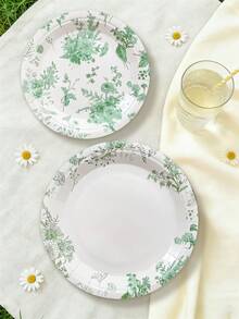 10pcs/20pcs/30pcs 7/9inch White And Green Verdure Design Paper Plates,Disposable Plates,Green Plant And Flower Patterns Dessert Plates For Wedding Party Theme Party Baby-Shower Men Women - Multicolor - View 4