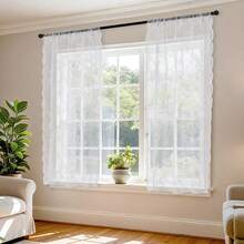 2pc European-Style Embroidered Semi-Transparent Plant Pattern Lace Window Screen Curtain, Home Decoration - White - View 15