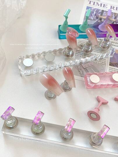 美甲装饰品，渐变粉色波浪长方形底座配件，搭配白色K-Color喷漆彩色极光白合金支架，1套，韩式美甲配件，美甲展示工具和道具