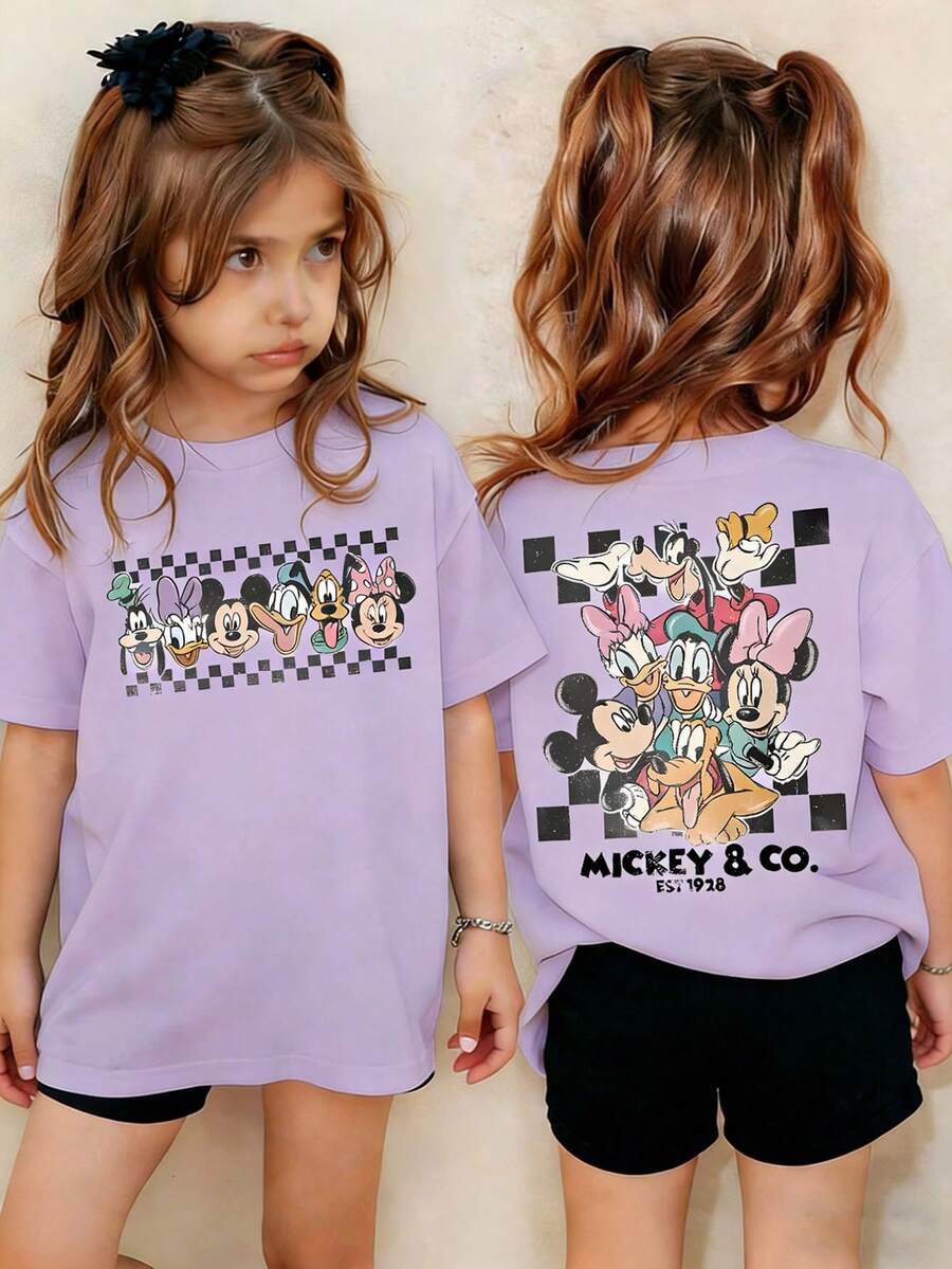 Disney Camiseta de manga corta casual y sencilla con estampados de Daisy Duck, Pluto y otros personajes de dibujos animados, adecuada para primavera y verano, tanto para niños como para niñas. Regalo festivo - Púrpura malva - Ver 1