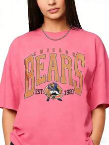 Vintage Chicago Sweatshirt Vintage Bears Unisex Shirt, American Bootleg, Oversized Short Sleeve Classic Heavy Cotton Shirt Printed Graphic Tee Women's Casual Short-Sleeved TopSports Short Sleeves - 粉色 - 查看 9
